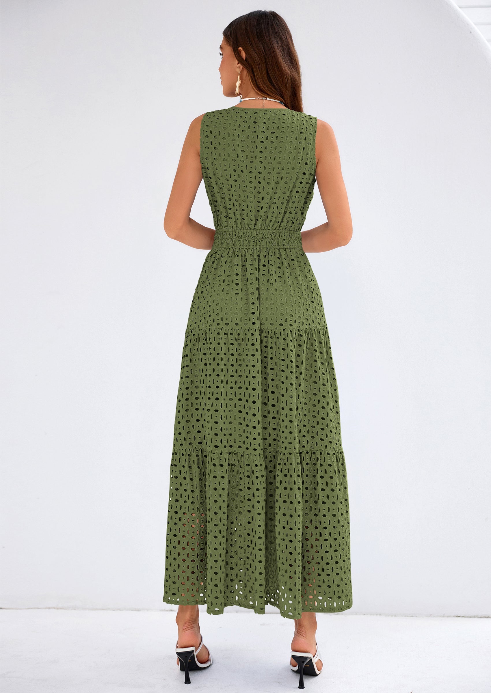 PRETTYGARDEN Summer Dresses for Women Sundresses Sleeveless V Neck Eyelet A Line Flowy Beach Vacation Spring Maxi Dress PRETTYGARDEN