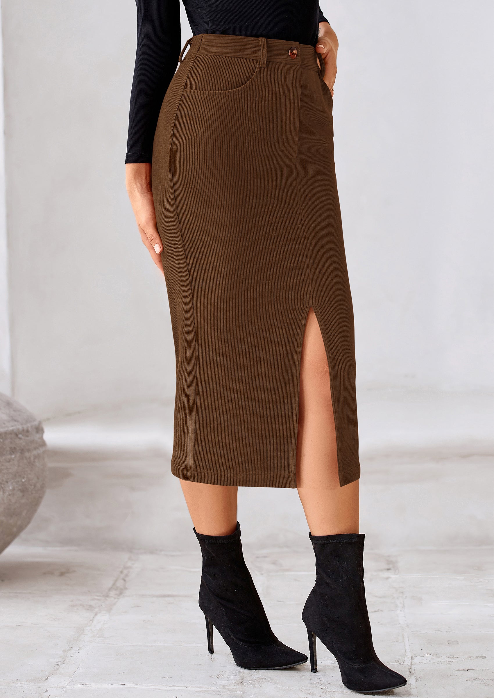PRETTYGARDEN Corduroy Skirt Women Fall Fashion High Waisted Pencil Midi Skirts Business Casual Work Office Winter Outfit