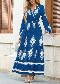 PRETTYGARDEN Women's Fall Wedding Guest Dresses Boho Floral Long Sleeve V Neck Flowy Elegant Maxi Dress Beach Clothes