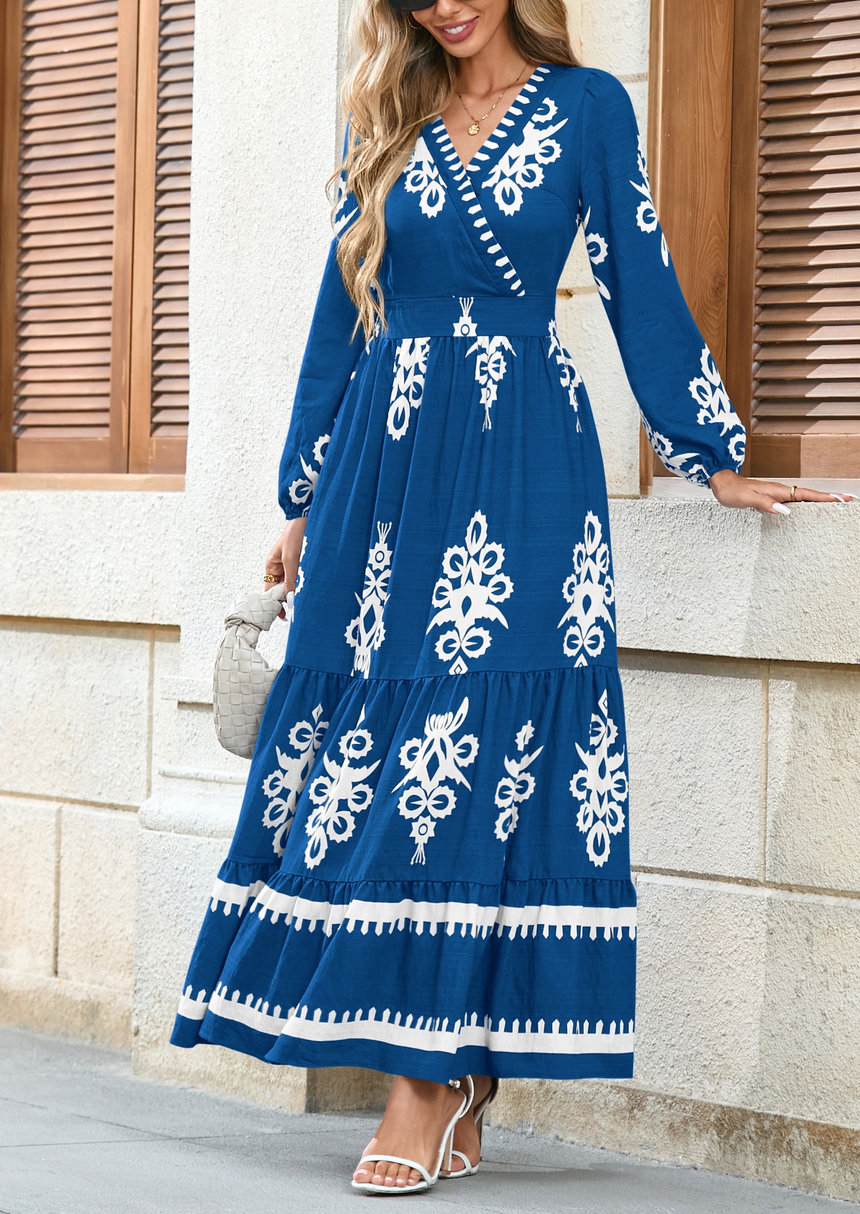 PRETTYGARDEN Women's Fall Wedding Guest Dresses Boho Floral Long Sleeve V Neck Flowy Elegant Maxi Dress Beach Clothes