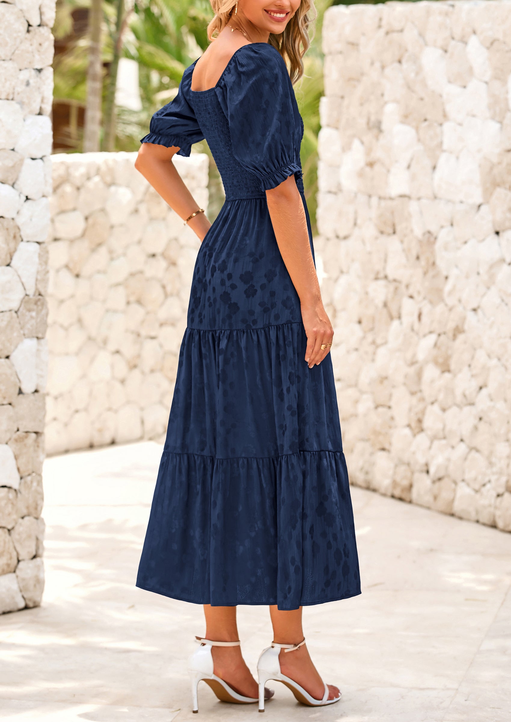 PRETTYGARDEN Women's Casual Midi Dresses Square Neck Short Sleeve Smocked A Line Floral Flowy Elegant Boho Dress