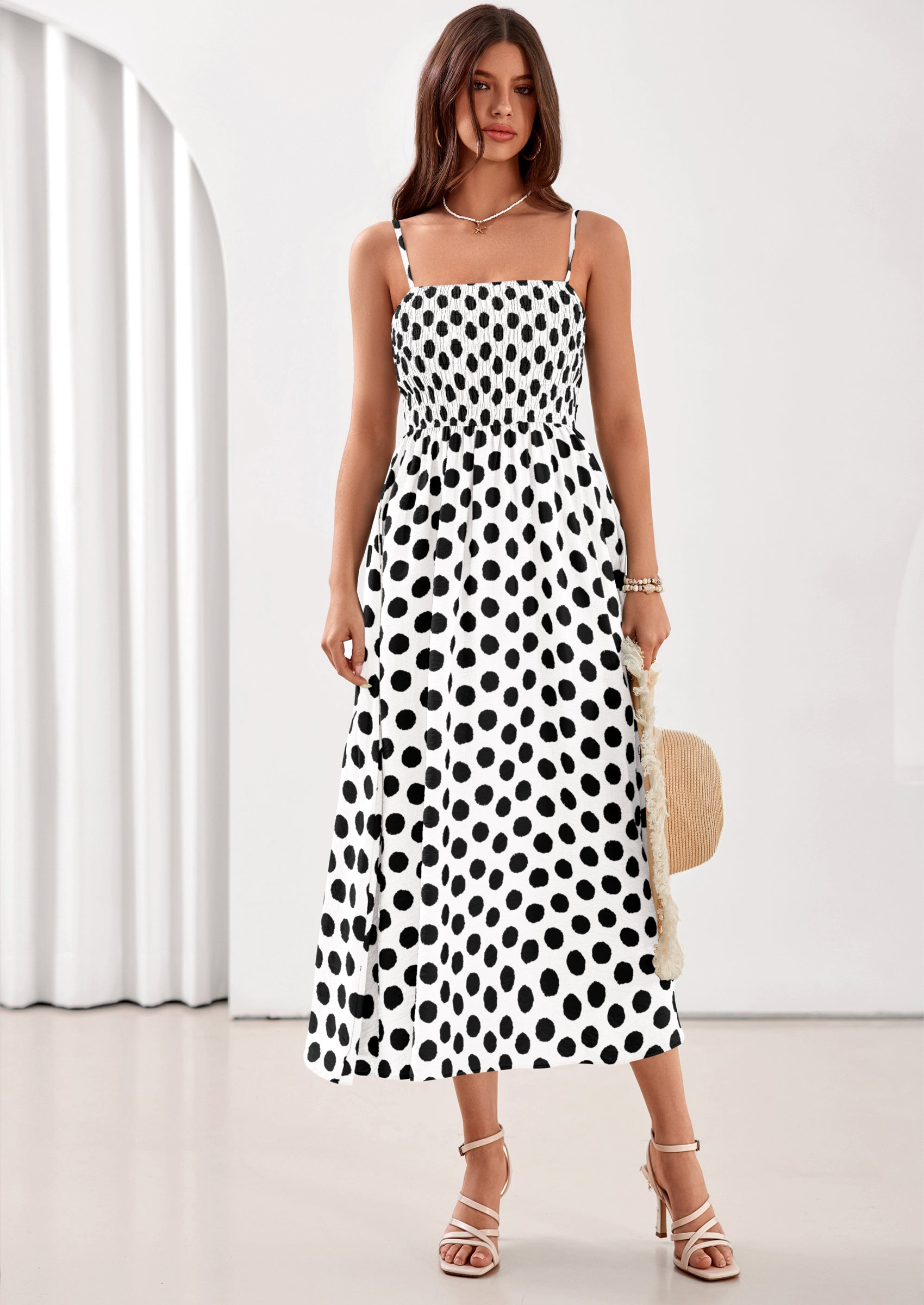 PRETTYGARDEN Womens Summer Dresses Spring Sleeveless Spaghetti Straps Casual Midi Dress Polka Dot Smocked Beach Sundress PRETTYGARDEN