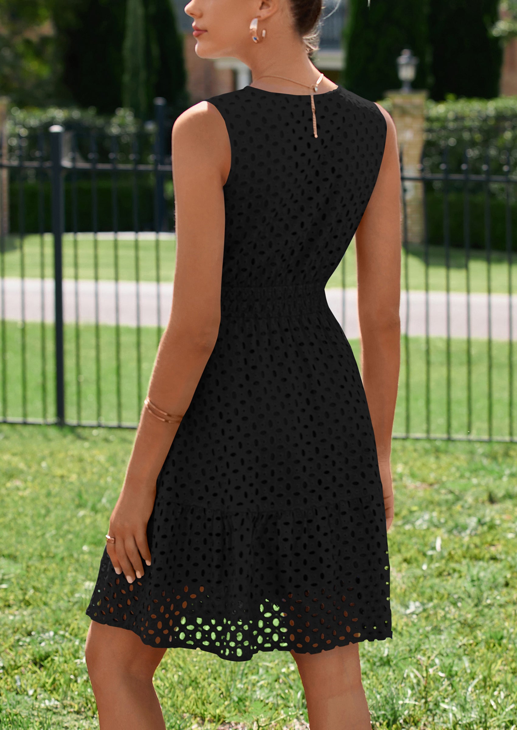 PRETTYGARDEN Women's Summer Dresses Sleeveless V Neck Eyelet Hollow Out Swing A Line Beach Vacation Sun Dress