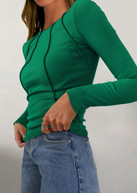 KIRUNDO Ribbed Long Sleeve Tops for Women Stretch Slim Basic Crop Tee Exposed Seams Spring Fall Fashion Trendy Tshirt