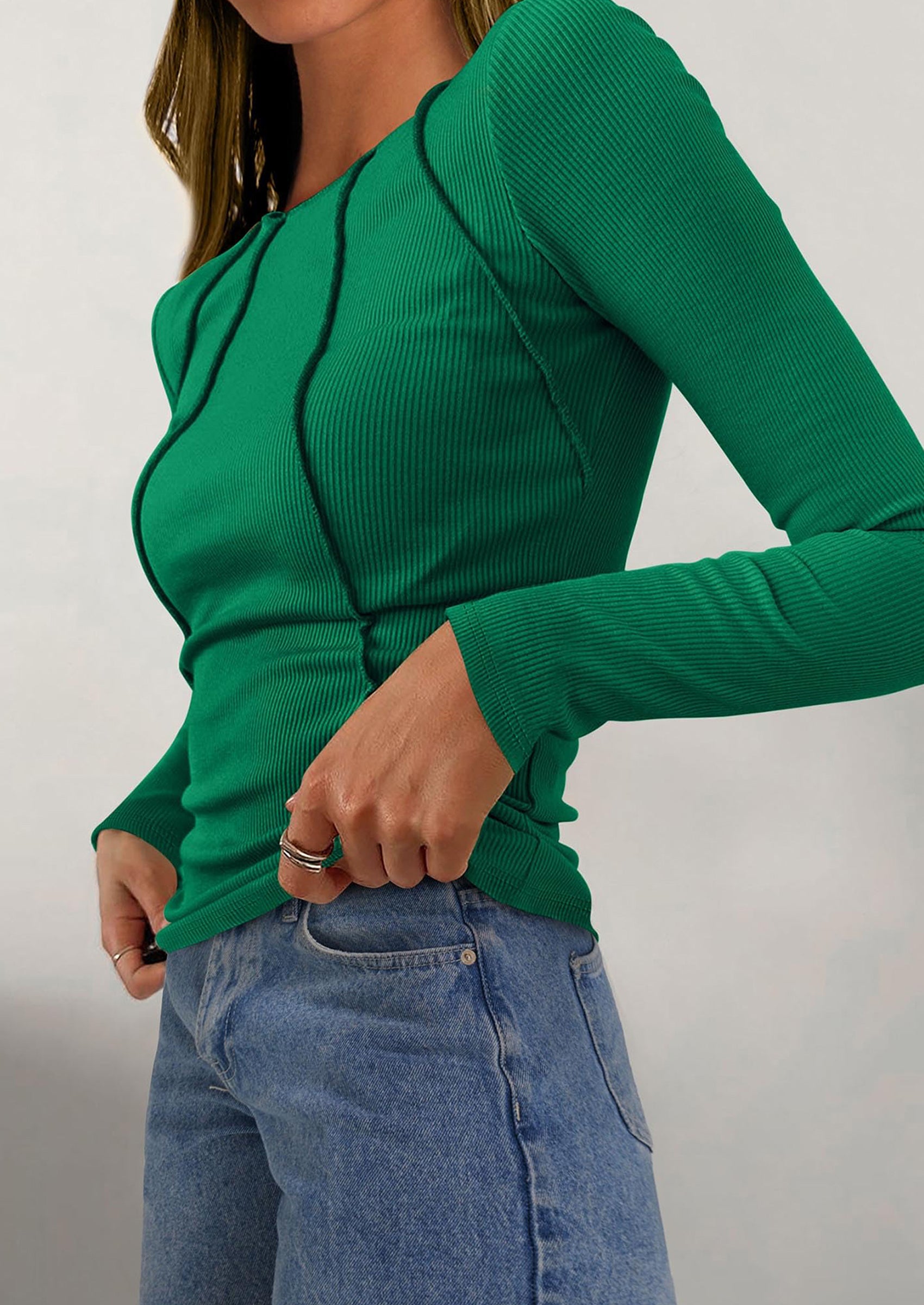 KIRUNDO Ribbed Long Sleeve Tops for Women Stretch Slim Basic Crop Tee Exposed Seams Spring Fall Fashion Trendy Tshirt