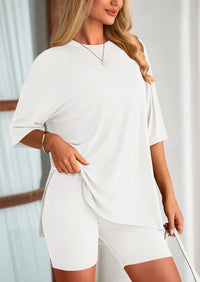 PRETTYGARDEN Women's Two Piece Lounge Set Summer Casual Oversized Shirts Biker Shorts Matching Airport Travel Outfit