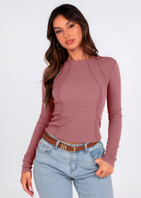 KIRUNDO Ribbed Long Sleeve Tops for Women Stretch Slim Basic Crop Tee Exposed Seams Spring Fall Fashion Trendy Tshirt