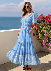 PRETTYGARDEN Womens Summer Boho Maxi Dress Trendy Short Sleeve V Neck Flowy Beach Floral Dresses with Pockets PRETTYGARDEN