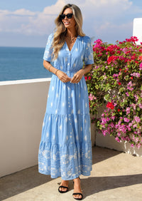 PRETTYGARDEN Womens Summer Boho Maxi Dress Trendy Short Sleeve V Neck Flowy Beach Floral Dresses with Pockets PRETTYGARDEN