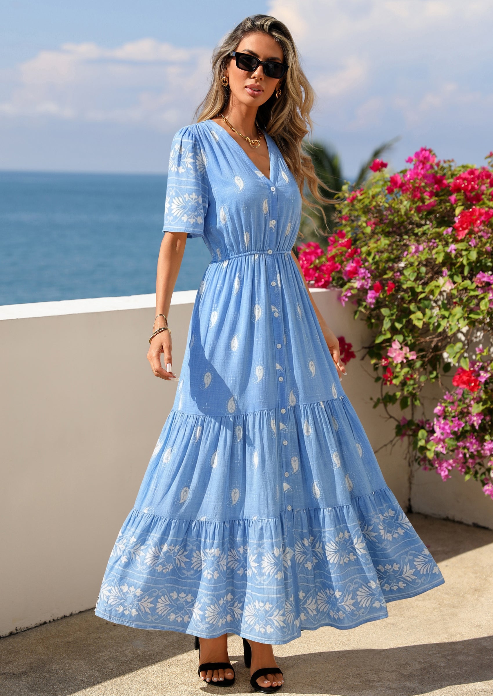 PRETTYGARDEN Womens Summer Boho Maxi Dress Trendy Short Sleeve V Neck Flowy Beach Floral Dresses with Pockets PRETTYGARDEN