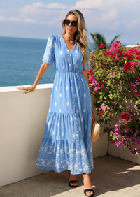 PRETTYGARDEN Womens Summer Boho Maxi Dress Trendy Short Sleeve V Neck Flowy Beach Floral Dresses with Pockets PRETTYGARDEN