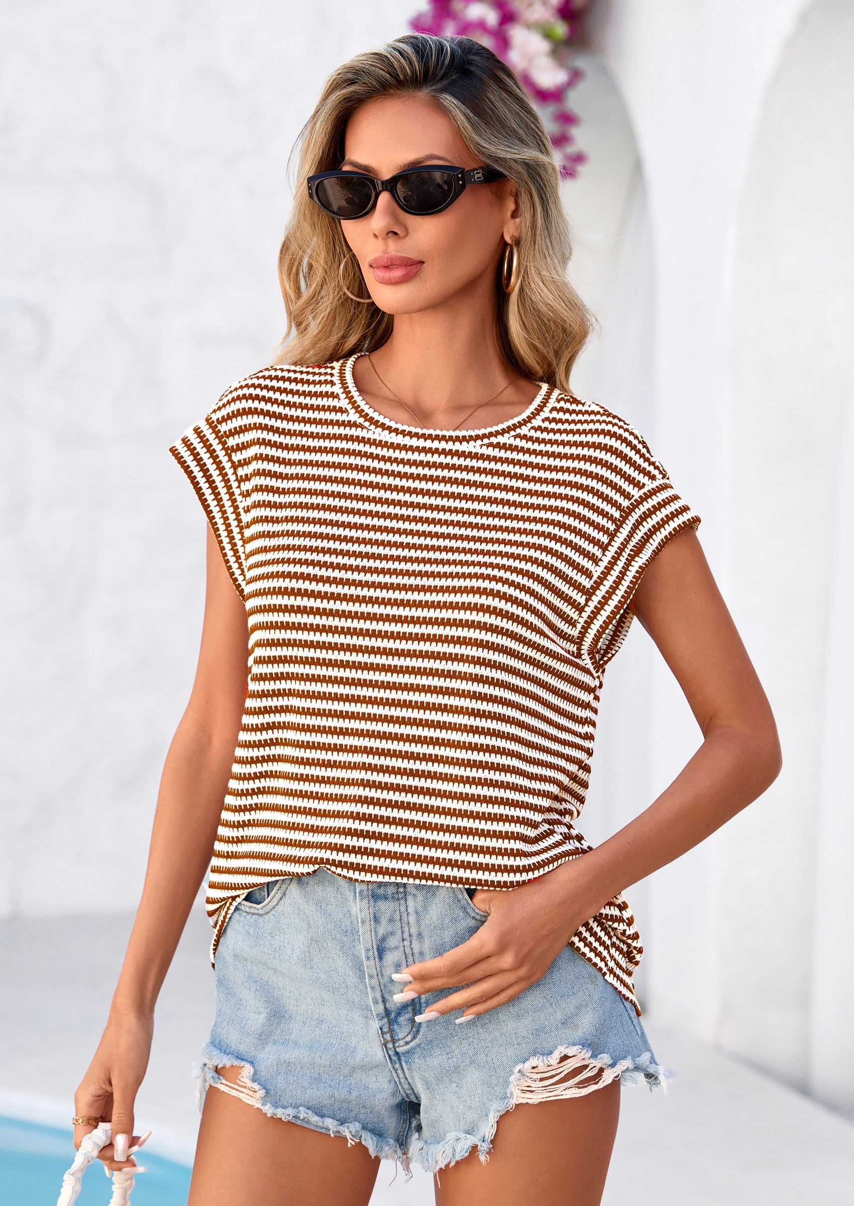 PRETTYGARDEN Women's Spring Vest Tops Cap Sleeve Striped Shirt Knit Tank Top Summer Beach Vacation Clothes PRETTYGARDEN