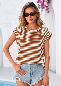 PRETTYGARDEN Women's Spring Vest Tops Cap Sleeve Striped Shirt Knit Tank Top Summer Beach Vacation Clothes PRETTYGARDEN