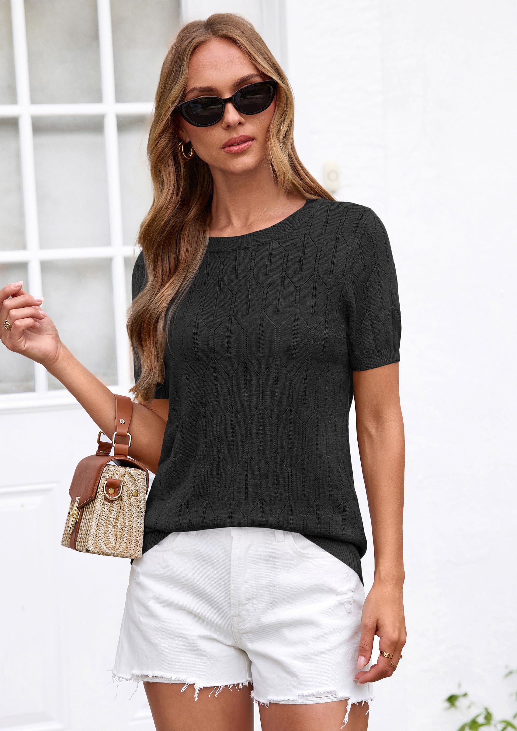 PRETTYGARDEN Women's Spring Short Sleeve Sweater Knit Going Out Tops Work Shirts Trendy Summer Business Casual Outfits