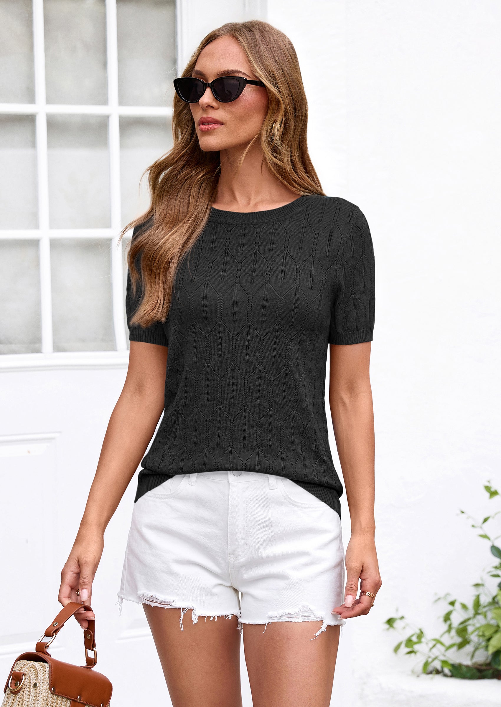 PRETTYGARDEN Women's Spring Short Sleeve Sweater Knit Going Out Tops Work Shirts Trendy Summer Business Casual Outfits