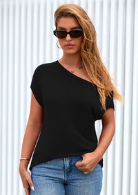 PRETTYGARDEN Womens Off The Shoulder Tops Summer Casual Short Sleeve Tunic T Shirts Lightweight Knit Sweaters PRETTYGARDEN
