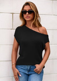 PRETTYGARDEN Womens Off The Shoulder Tops Summer Casual Short Sleeve Tunic T Shirts Lightweight Knit Sweaters PRETTYGARDEN