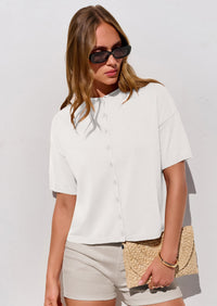 PRETTYGARDEN Women Spring Short Sleeve Cardigan Sweaters Button Down Knit Shirt Blouse Dressy Casual Tops Summer Outfits PRETTYGARDEN
