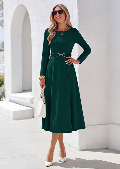 PRETTYGARDEN Women's Fall Long Sleeve Semi Formal Midi Dresses with Pockets Boat Neck, Metal Buckle Tie Waist, Flowy A Line, Elegant Classy Wedding Guest Cocktail Party Dress, Business Casual Outfits