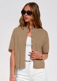 PRETTYGARDEN Women Spring Short Sleeve Cardigan Sweaters Button Down Knit Shirt Blouse Dressy Casual Tops Summer Outfits PRETTYGARDEN