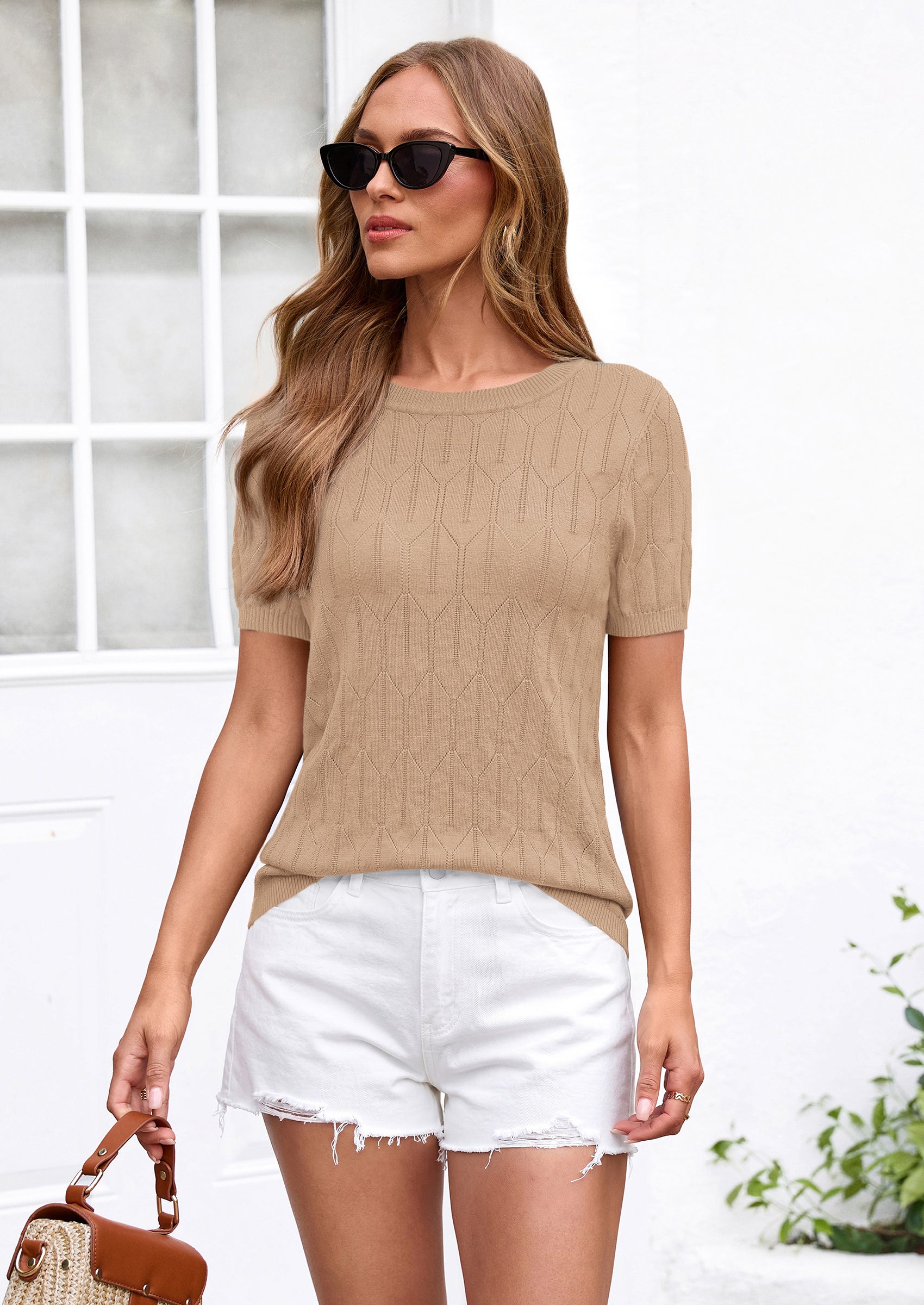 PRETTYGARDEN Women's Spring Short Sleeve Sweater Knit Going Out Tops Work Shirts Trendy Summer Business Casual Outfits