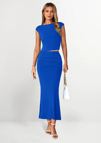 PRETTYGARDEN Summer 2 Piece Sets for Women Going Out Casual Cap Sleeve Crop Tops Ruched Maxi Long Skirts Spring Outfits