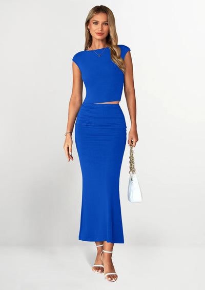 PRETTYGARDEN Summer 2 Piece Sets for Women Going Out Casual Cap Sleeve Crop Tops Ruched Maxi Long Skirts Spring Outfits