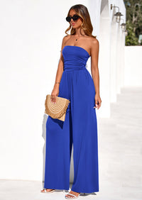 PRETTYGARDEN Womens Trendy Strapless Rompers Ruched Tube Top Wide Leg One Piece Jumpsuits Beach Vacation Summer Outfits PRETTYGARDEN