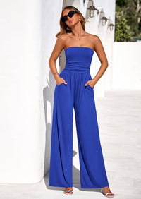 PRETTYGARDEN Womens Trendy Strapless Rompers Ruched Tube Top Wide Leg One Piece Jumpsuits Beach Vacation Summer Outfits PRETTYGARDEN