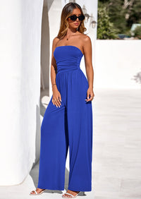 PRETTYGARDEN Womens Trendy Strapless Rompers Ruched Tube Top Wide Leg One Piece Jumpsuits Beach Vacation Summer Outfits PRETTYGARDEN