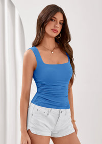 PRETTYGARDEN Tank Top for Women Summer Sleeveless Square Neck Double Lined Ruched Crop Tops Spring Going Out Y2k Clothes PRETTYGARDEN