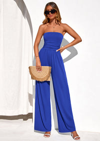 PRETTYGARDEN Womens Trendy Strapless Rompers Ruched Tube Top Wide Leg One Piece Jumpsuits Beach Vacation Summer Outfits PRETTYGARDEN