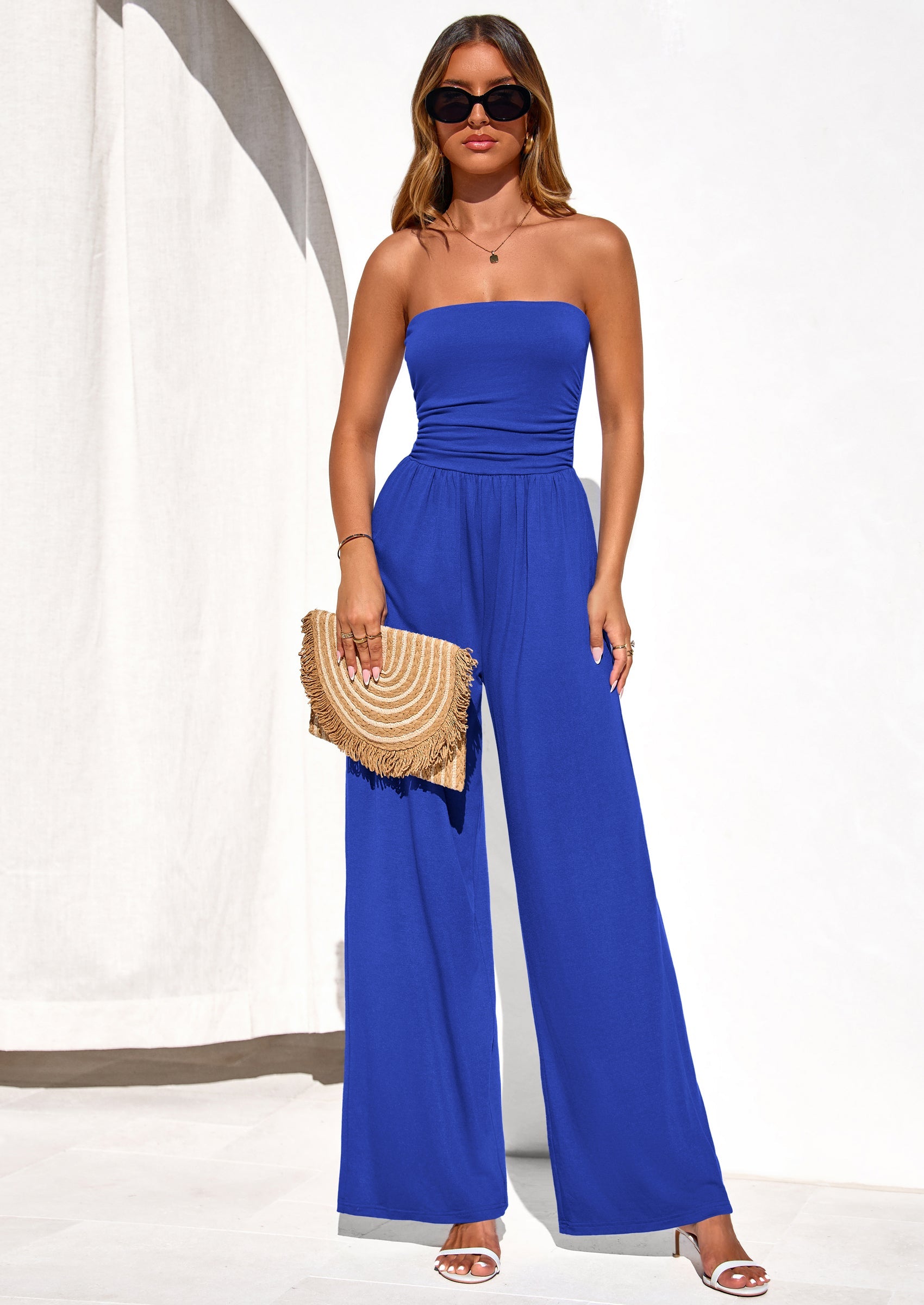 PRETTYGARDEN Womens Trendy Strapless Rompers Ruched Tube Top Wide Leg One Piece Jumpsuits Beach Vacation Summer Outfits PRETTYGARDEN