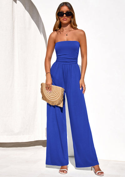 PRETTYGARDEN Womens Trendy Strapless Rompers Ruched Tube Top Wide Leg One Piece Jumpsuits Beach Vacation Summer Outfits PRETTYGARDEN