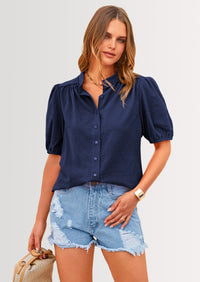 PRETTYGARDEN Women's Summer Tops Button Down Shirts Short Lantern Sleeve V Neck Cotton Cute Dressy Casual Blouses