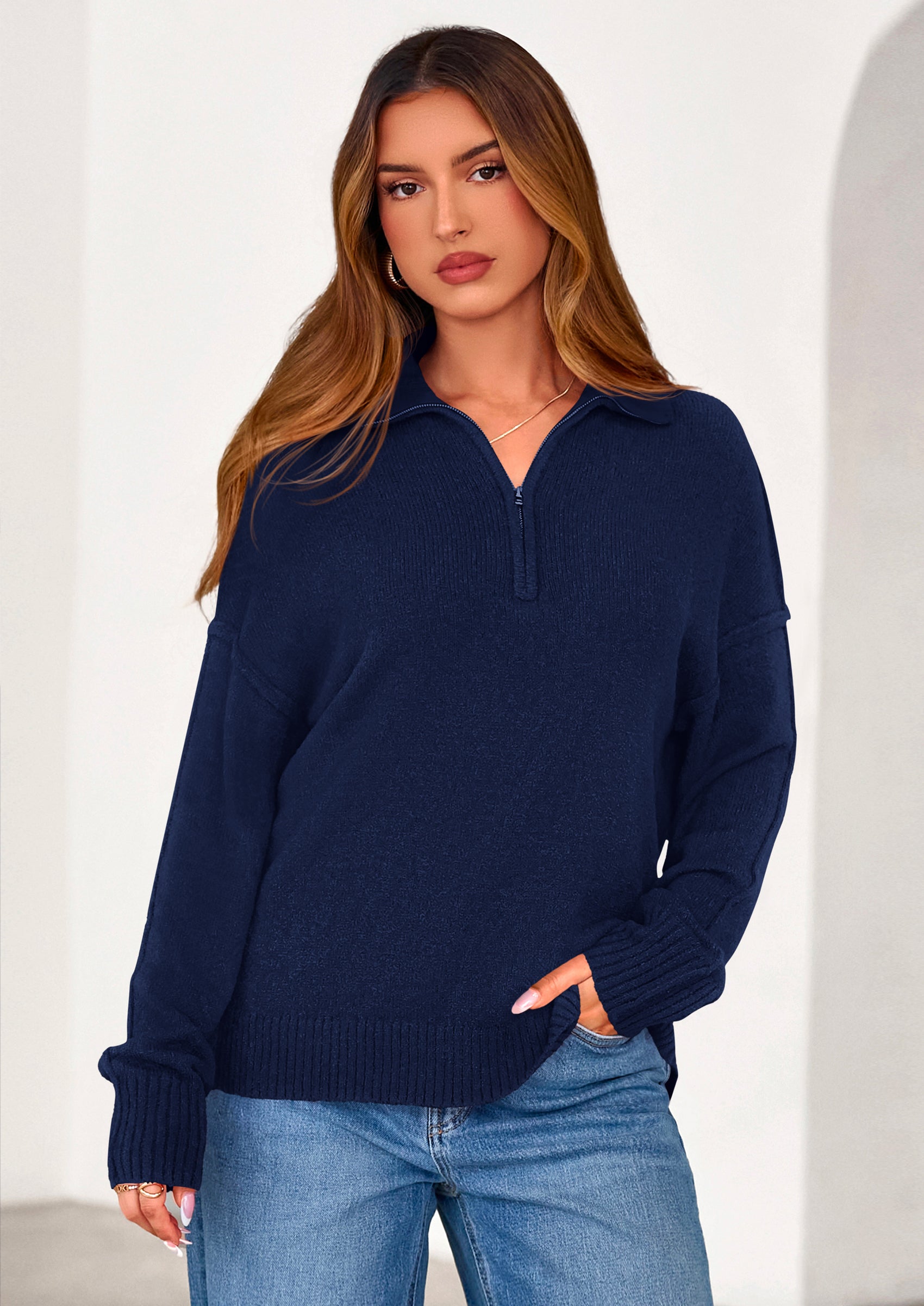 PRETTYGARDEN Womens Sweaters Quarter Zip Pullover Early Fall Fashion Long Sleeve V Neck Collared Knit Winter Jumper Tops