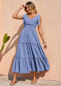 PRETTYGARDEN Women's Cross Neck Spring Sleeveless Tiered Maxi Dress Beach Tie Strap Smocked Long Dresses Pleated Sundress