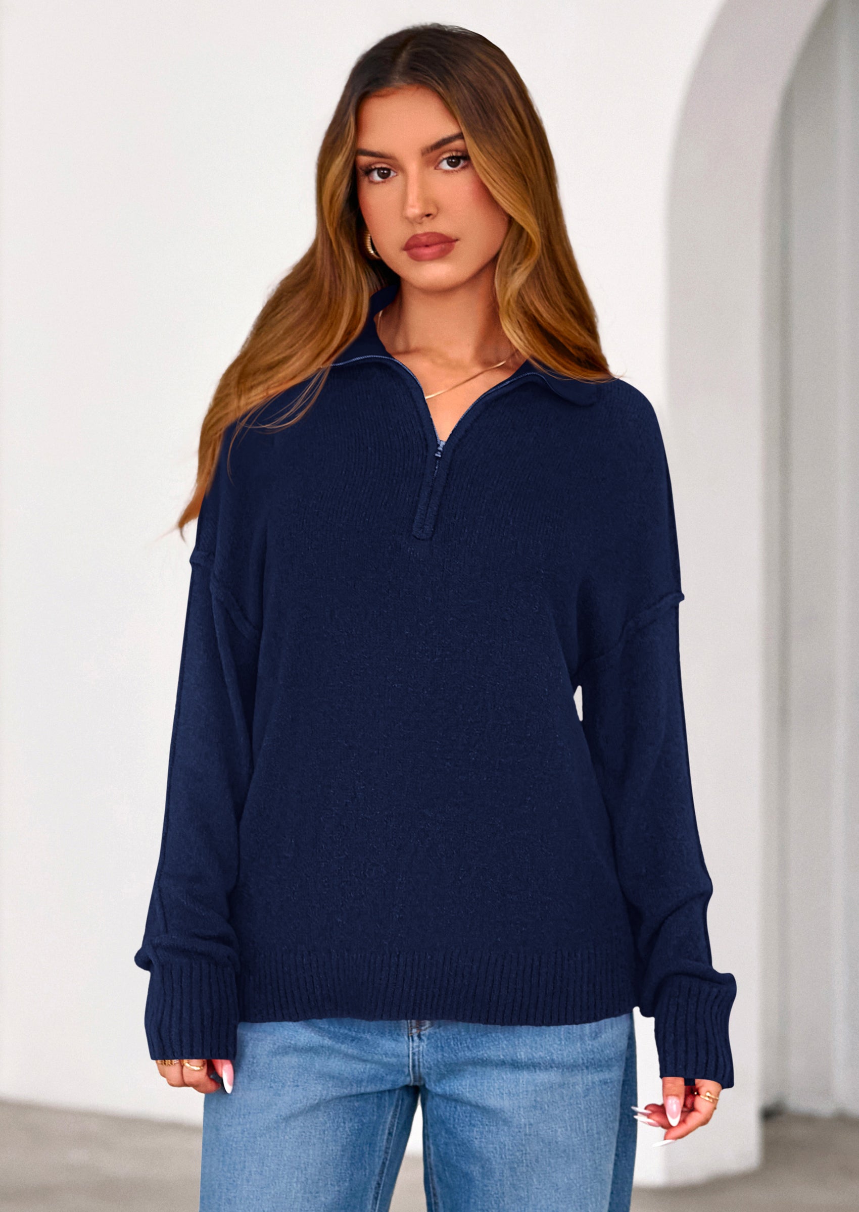 PRETTYGARDEN Womens Sweaters Quarter Zip Pullover Early Fall Fashion Long Sleeve V Neck Collared Knit Winter Jumper Tops