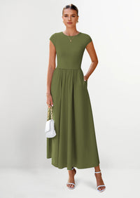 PRETTYGARDEN Women's Casual Long Dresses Cap Sleeve Patchwork A Line Flowy Modest Elegant Homecoming Maxi Dress