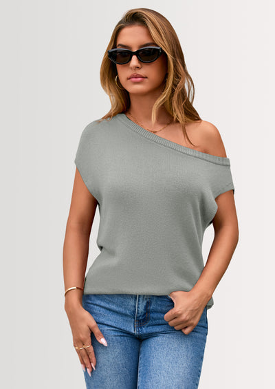 PRETTYGARDEN Womens Off The Shoulder Tops Summer Casual Short Sleeve Tunic T Shirts Lightweight Knit Sweaters