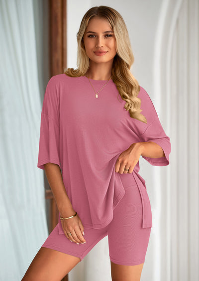 PRETTYGARDEN Women's Two Piece Lounge Set Summer Casual Oversized Shirts Biker Shorts Matching Airport Travel Outfit