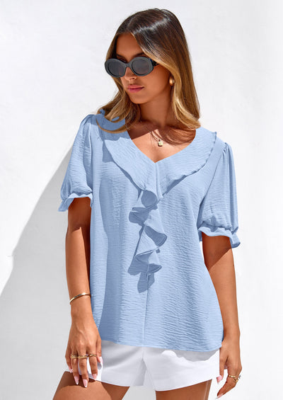 PRETTYGARDEN Women's Summer Dressy Casual Blouses Short Sleeve V Neck Ruffle Going Out Tops Shirt Trendy Spring Outfits PRETTYGARDEN