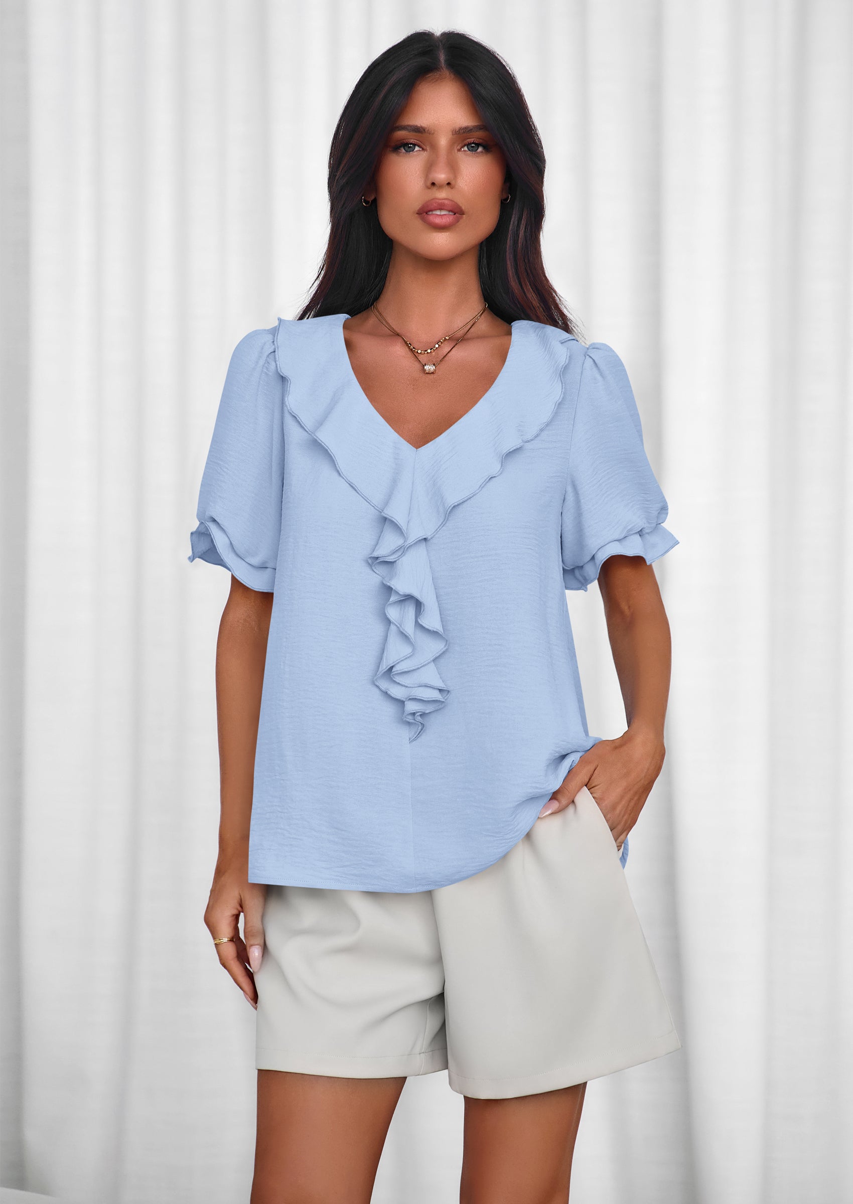 PRETTYGARDEN Women's Summer Dressy Casual Blouses Short Sleeve V Neck Ruffle Going Out Tops Shirt Trendy Spring Outfits PRETTYGARDEN