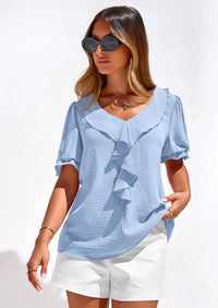 PRETTYGARDEN Women's Summer Dressy Casual Blouses Short Sleeve V Neck Ruffle Going Out Tops Shirt Trendy Spring Outfits PRETTYGARDEN