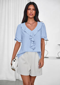 PRETTYGARDEN Women's Summer Dressy Casual Blouses Short Sleeve V Neck Ruffle Going Out Tops Shirt Trendy Spring Outfits PRETTYGARDEN