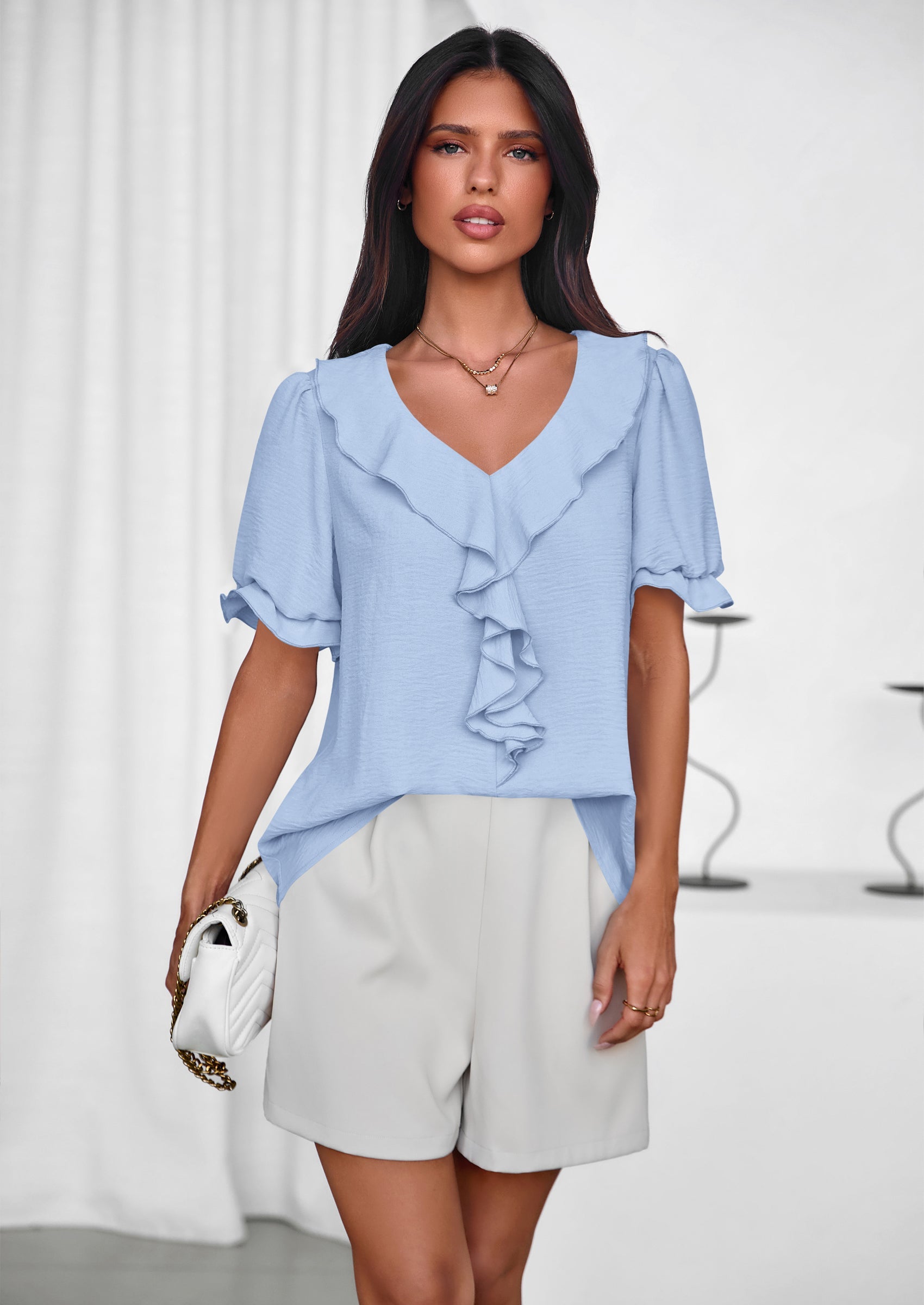 PRETTYGARDEN Women's Summer Dressy Casual Blouses Short Sleeve V Neck Ruffle Going Out Tops Shirt Trendy Spring Outfits PRETTYGARDEN