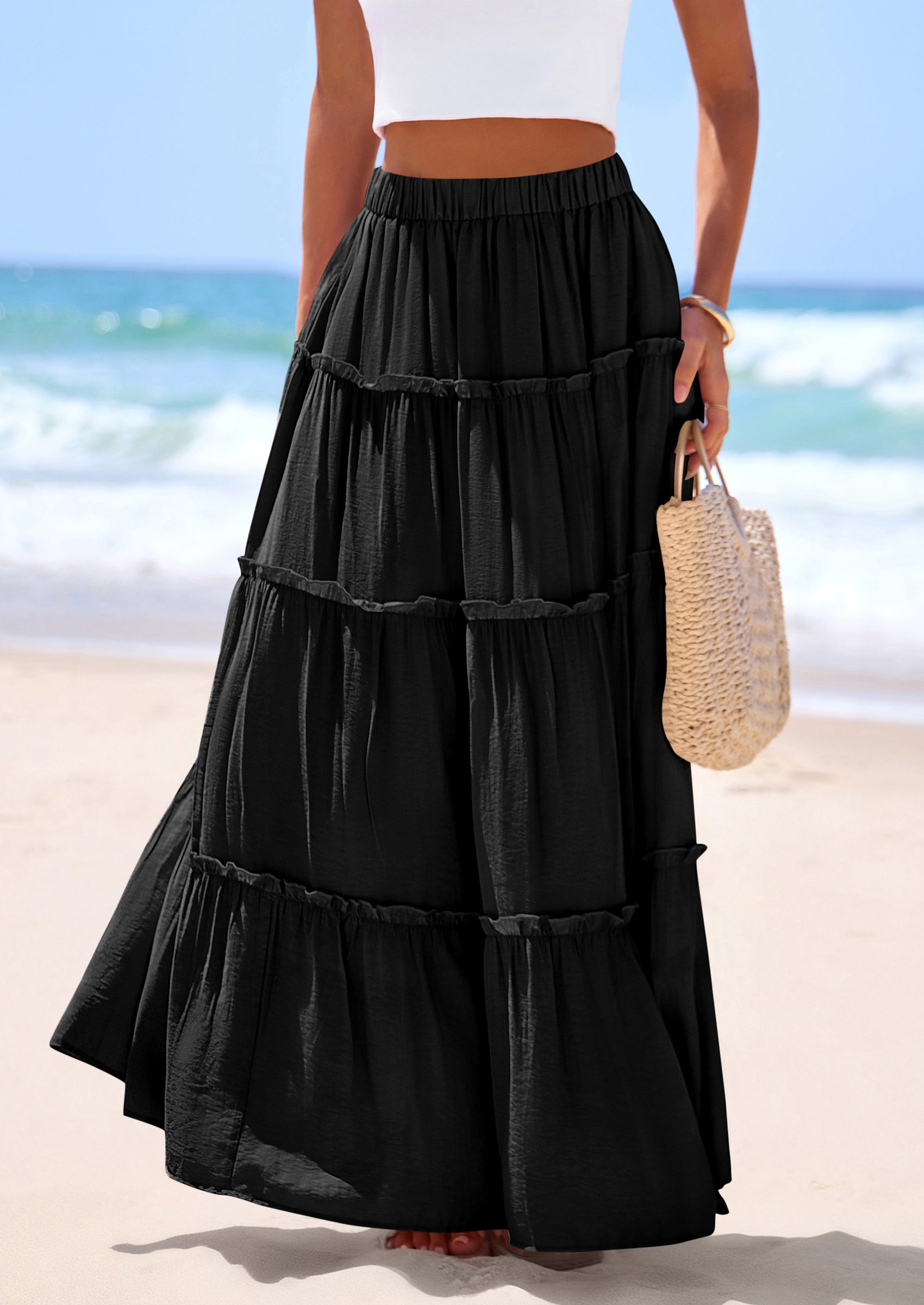 PRETTYGARDEN Women's Tiered Maxi Skirt Summer Spring Fashion 2026 High Waisted Long Flowy Casual Boho Beach Vacation Clothes PRETTYGARDEN