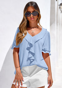 PRETTYGARDEN Women's Summer Dressy Casual Blouses Short Sleeve V Neck Ruffle Going Out Tops Shirt Trendy Spring Outfits PRETTYGARDEN