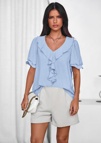 PRETTYGARDEN Women's Summer Dressy Casual Blouses Short Sleeve V Neck Ruffle Going Out Tops Shirt Trendy Spring Outfits PRETTYGARDEN