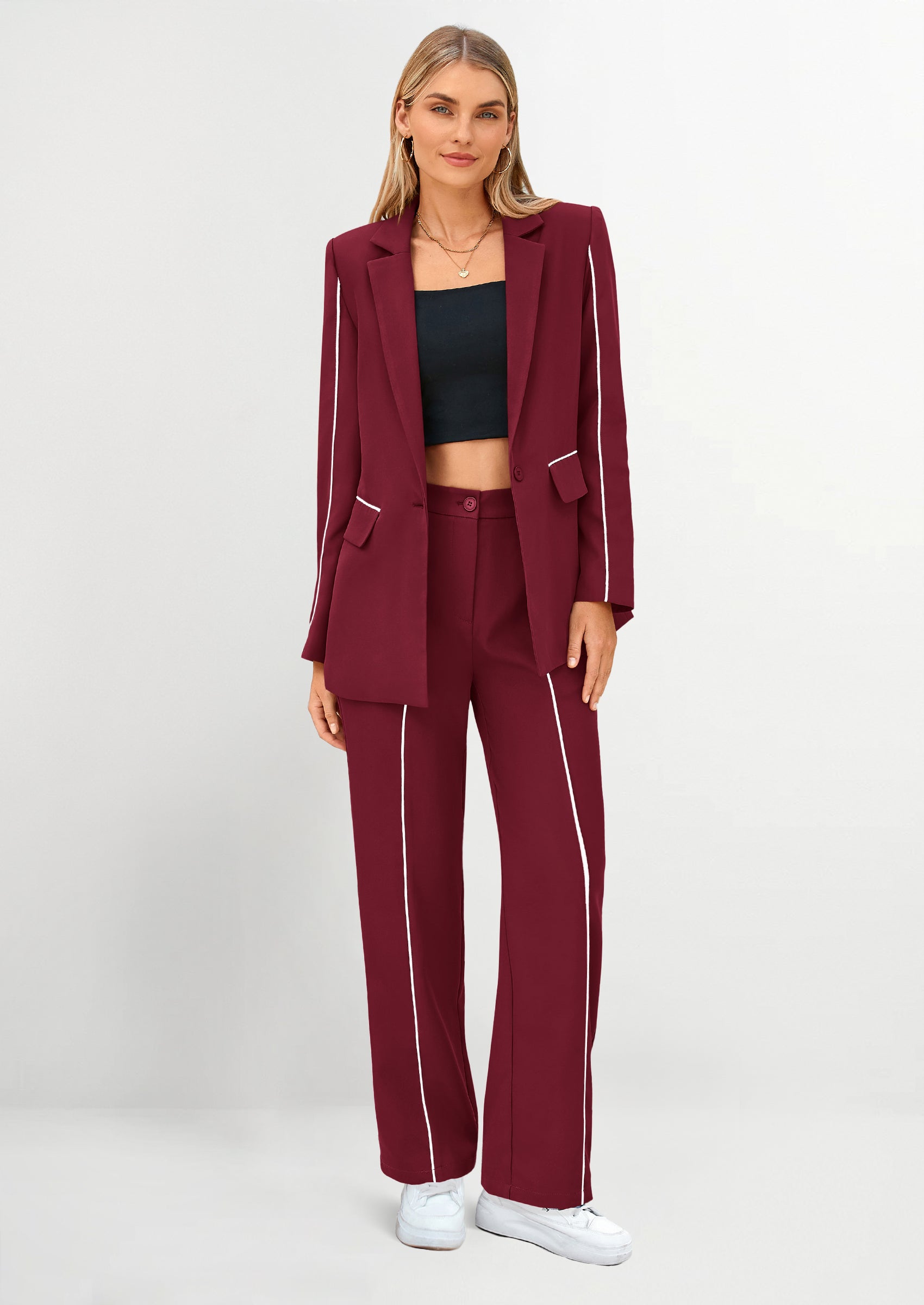 PRETTYGARDEN 2 Piece Blazer Outfits Business Casual Oversized Jacket Wide Leg Work Pants Dressy Suit Set